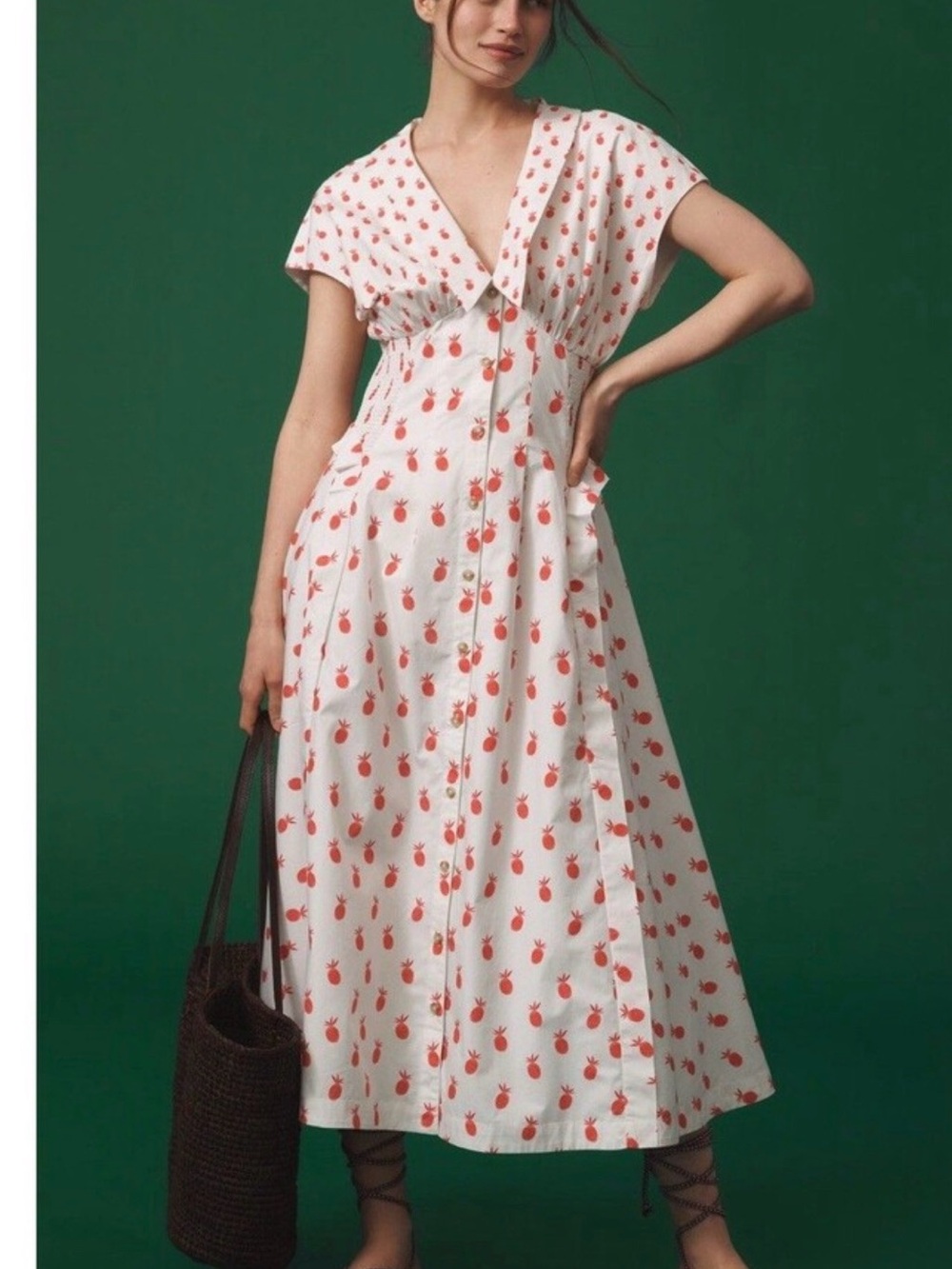 Anthropologie White Maxi Dress with Coral Pineapple Print